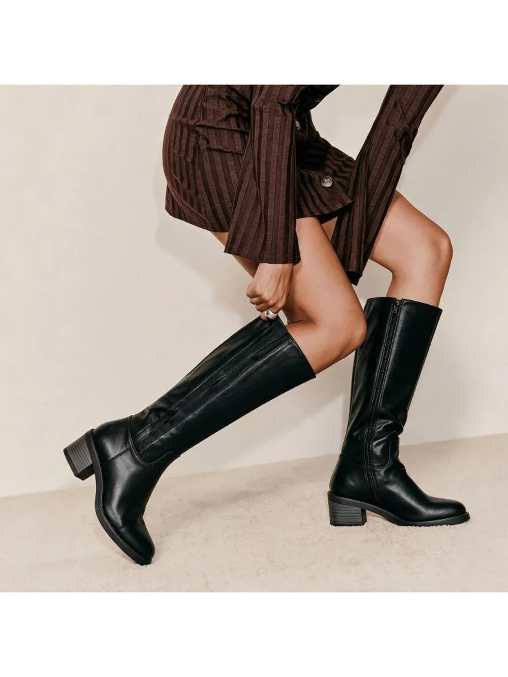 Women's Black Low Block Heel Square Toe Side Zipper Imported Knee High Boots